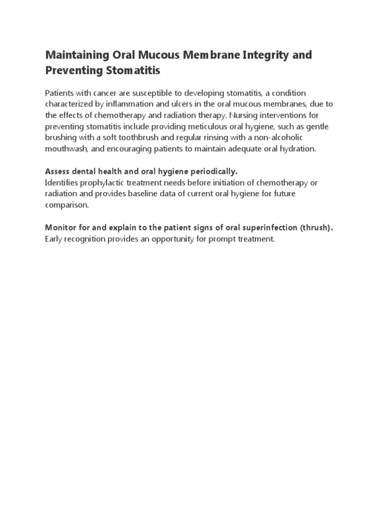 Maintaining Oral Mucous Membrane Integrity and Preventing Stomatitis PDF