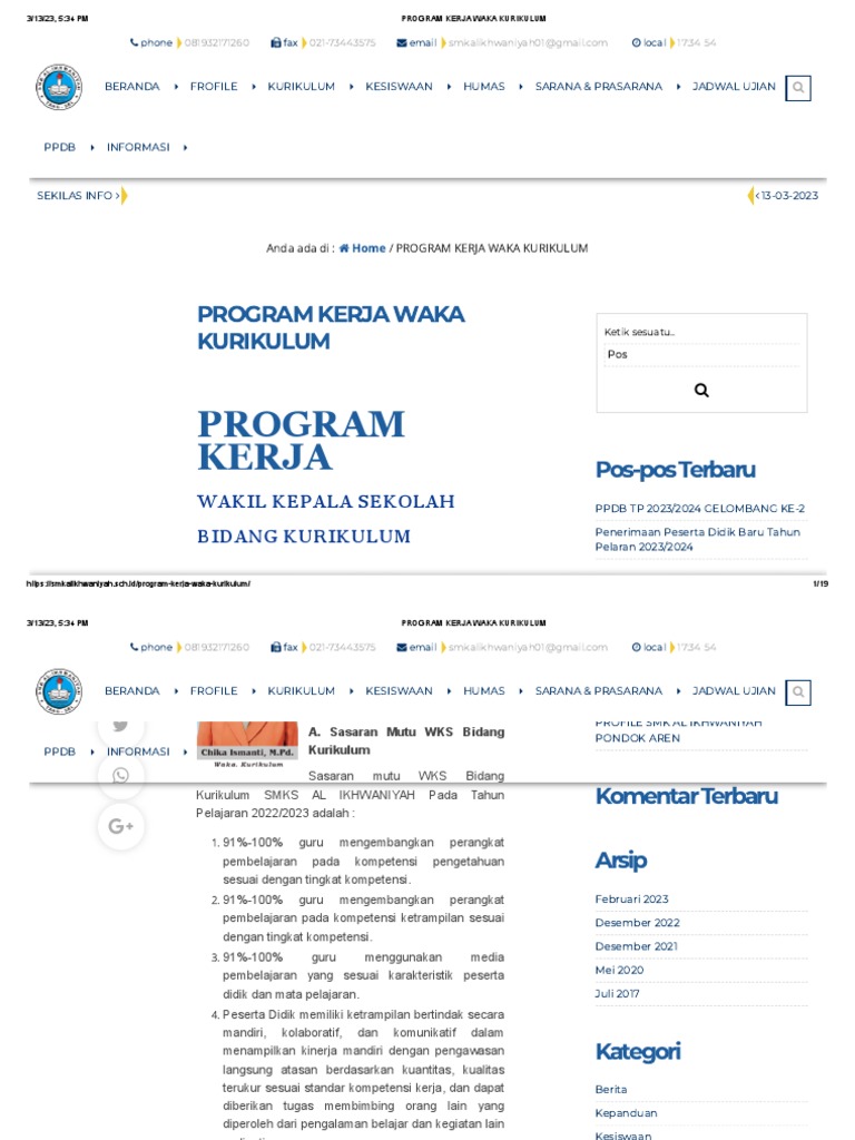 Program Kerja Waka Kurikulum 2022/2023 | PDF