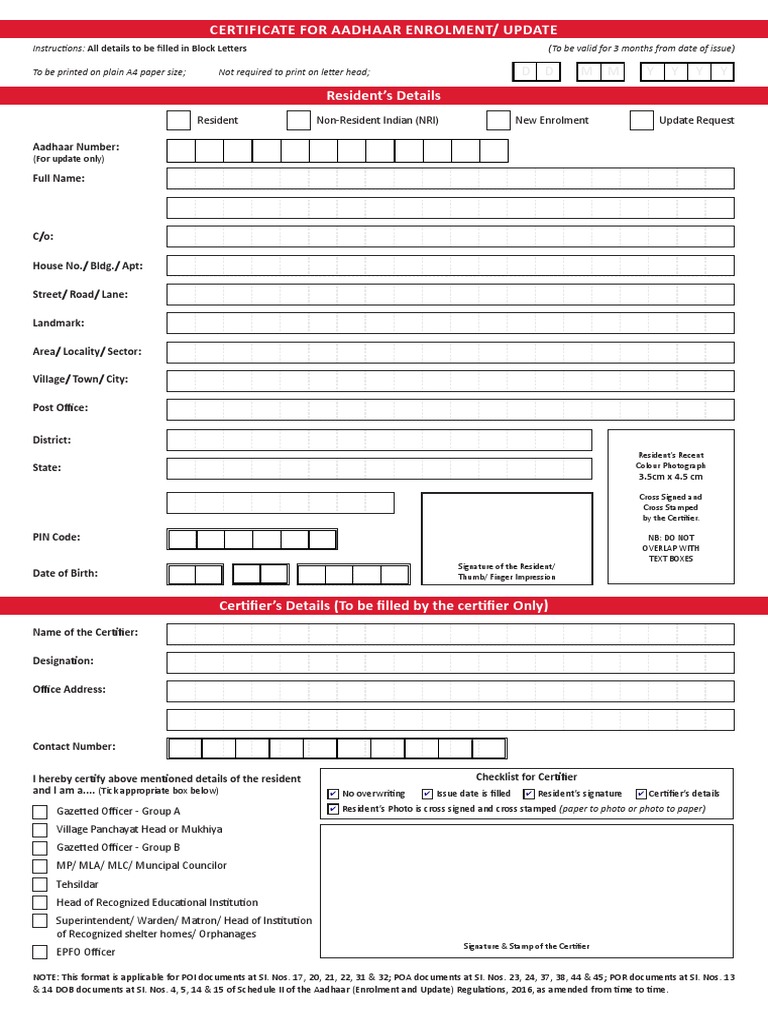 Aadhaar Enrollment/Update Certificate Form | PDF