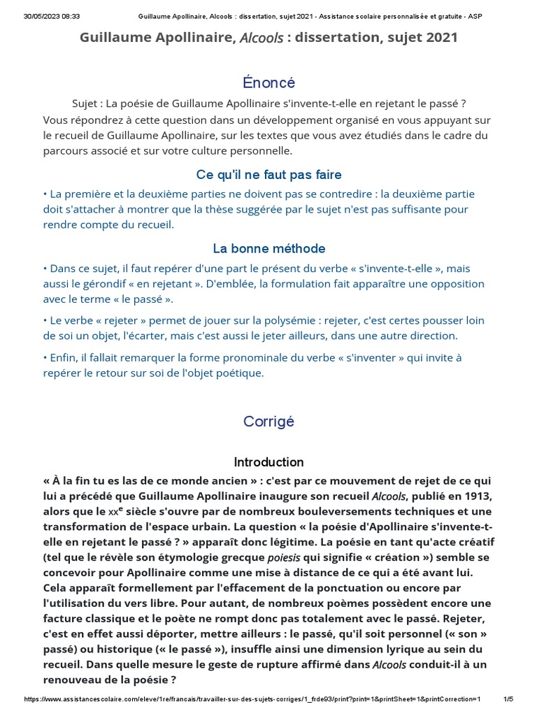 Guillaume Apollinaire, Alcools Dissertation, Sujet 2021 Assistance