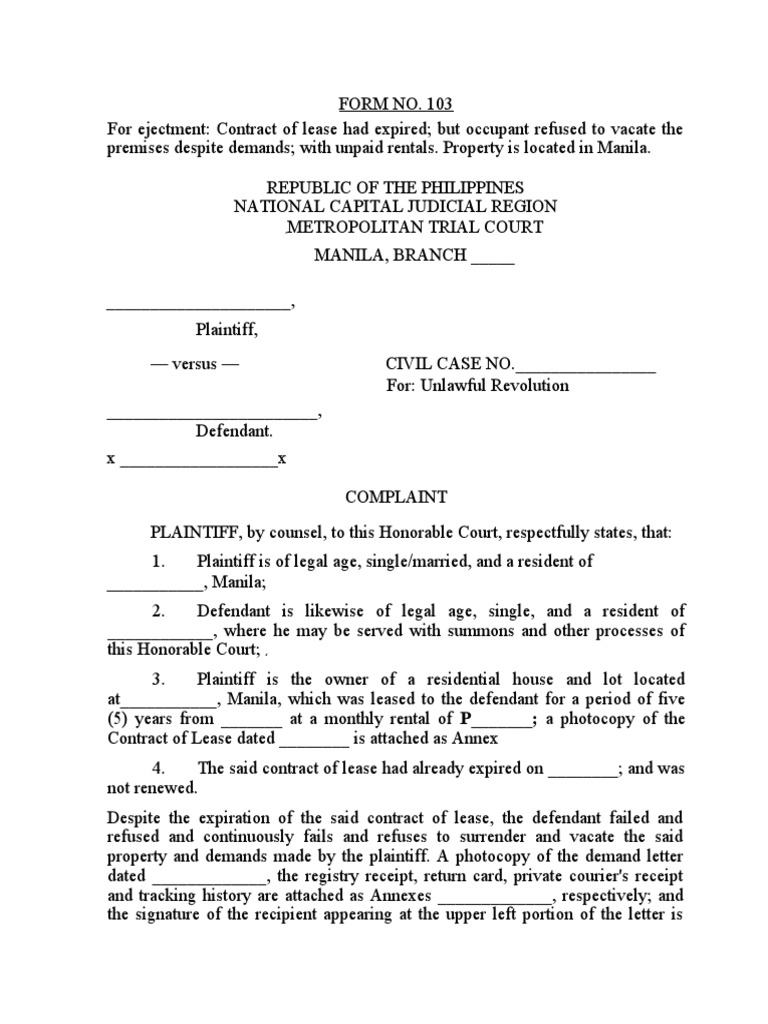 Manila Ejectment Complaint Template | PDF
