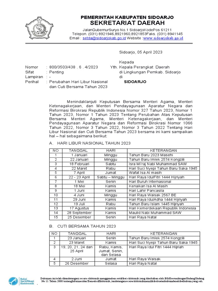 Perubahan Hari Libur Nasional Dan Cuti Bersama Tahun 2023 Pdf