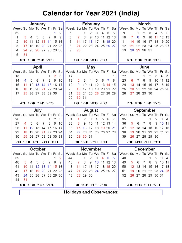 Year 2021 Calendar - India | PDF