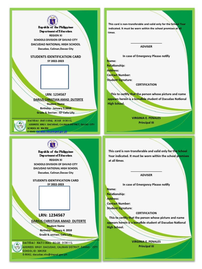 Dacudao National High School ID 2022-2023 | PDF