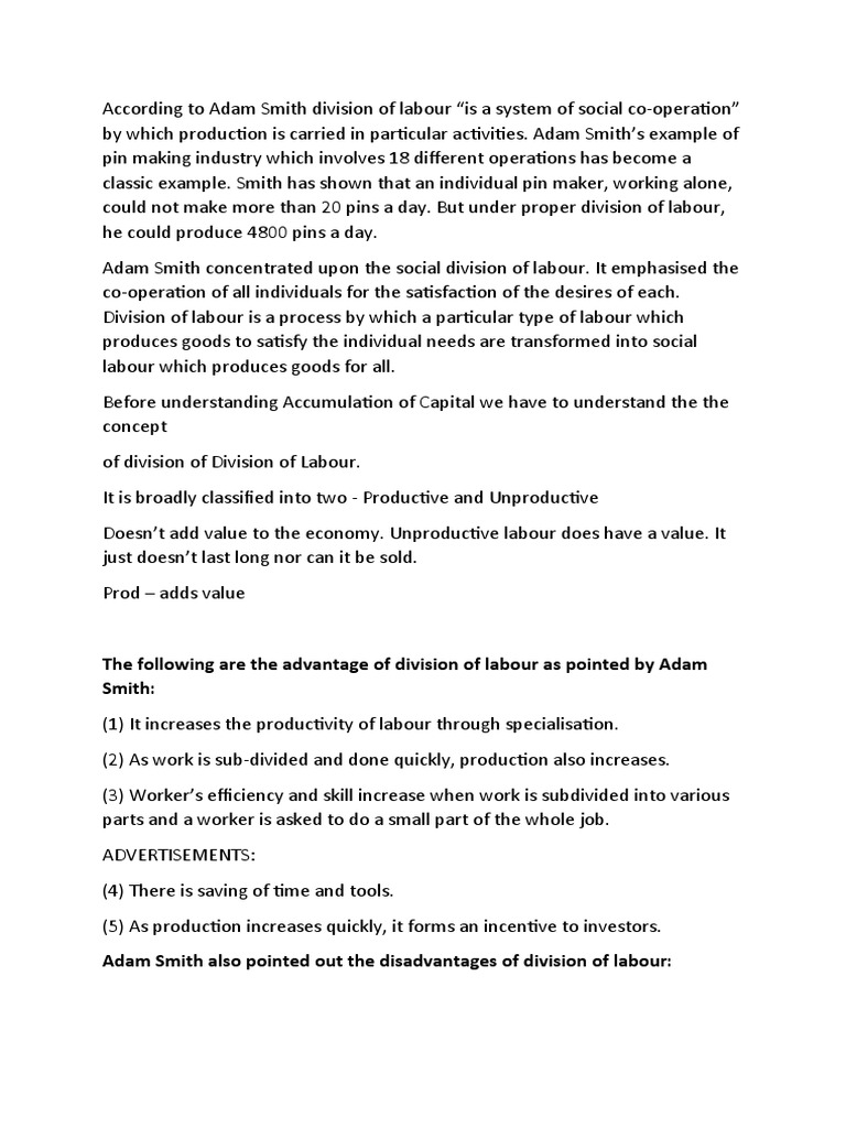 According To Adam Smith Division of Labour PDF Division Of Labour
