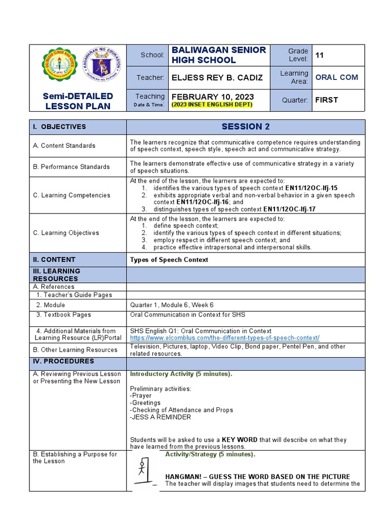 Dlp Oral Communication Types of Speech Context PDF Communication