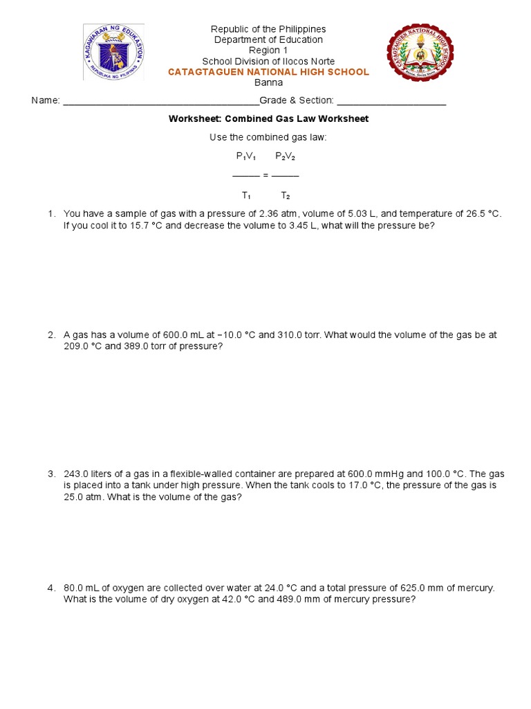 Worksheet 4-Combined Gas Law | PDF
