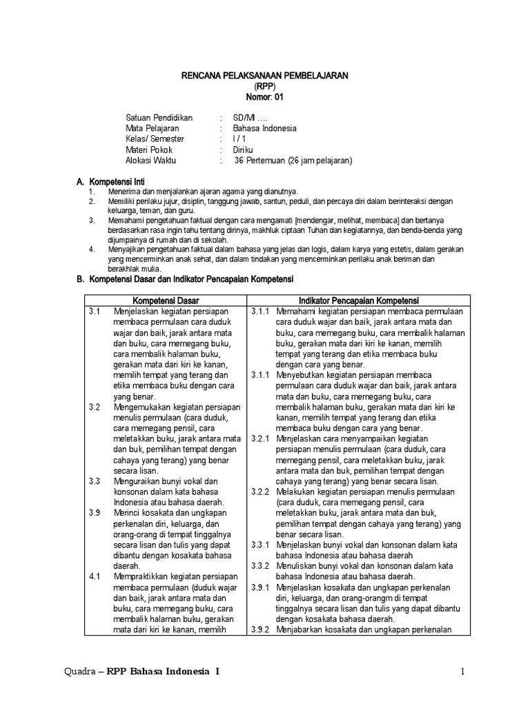 RPP Bahasa Indonesia Kelas 1 SD Semester 1 | PDF