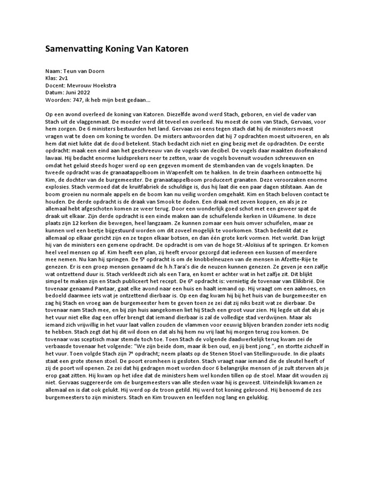 Nederlands Boekopdracht 2 Samenvatting Koning Van Katoren PDF