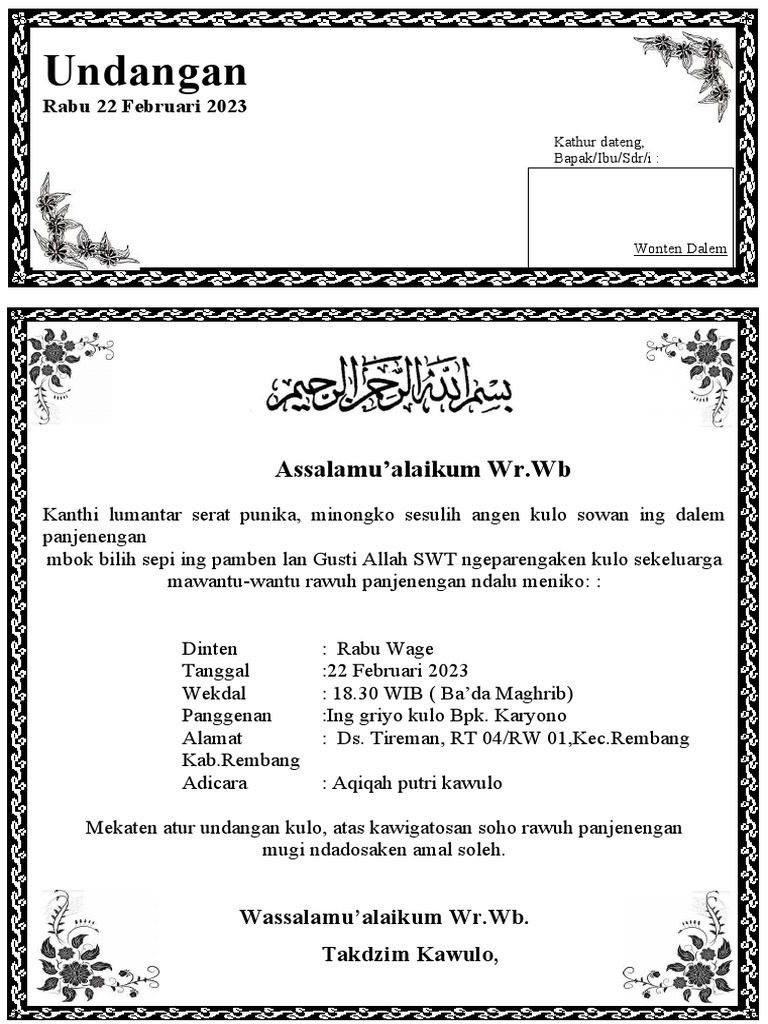 Contoh Undangan Aqiqah Docx | PDF