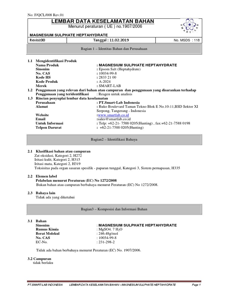 MSDS Magnesium Sulphate Heptahydrate Hydrate (Indo) PDF