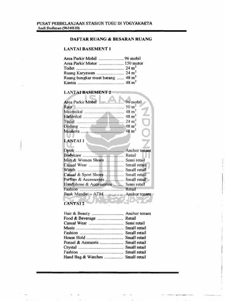 Daftar Ruang & Besaran Ruang Lantai Basement 1 | PDF