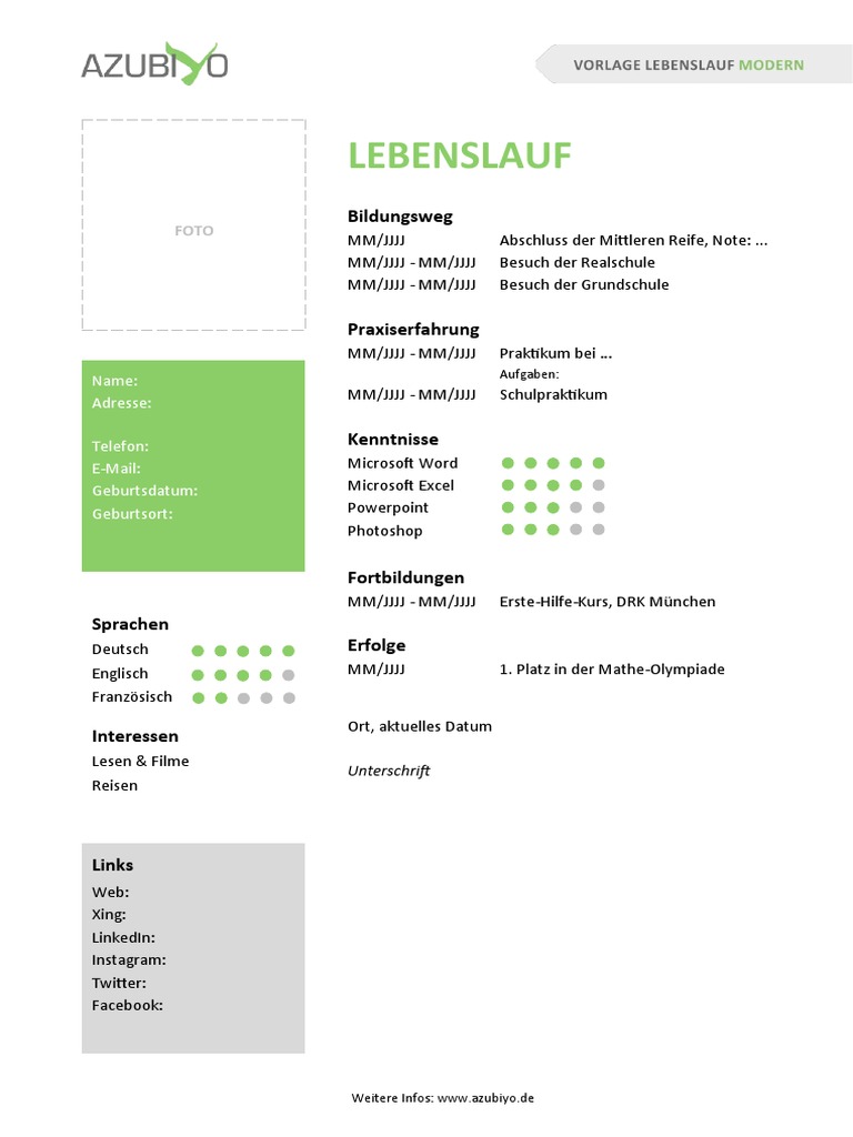 Azubiyo Vorlage Lebenslauf Modern PDF