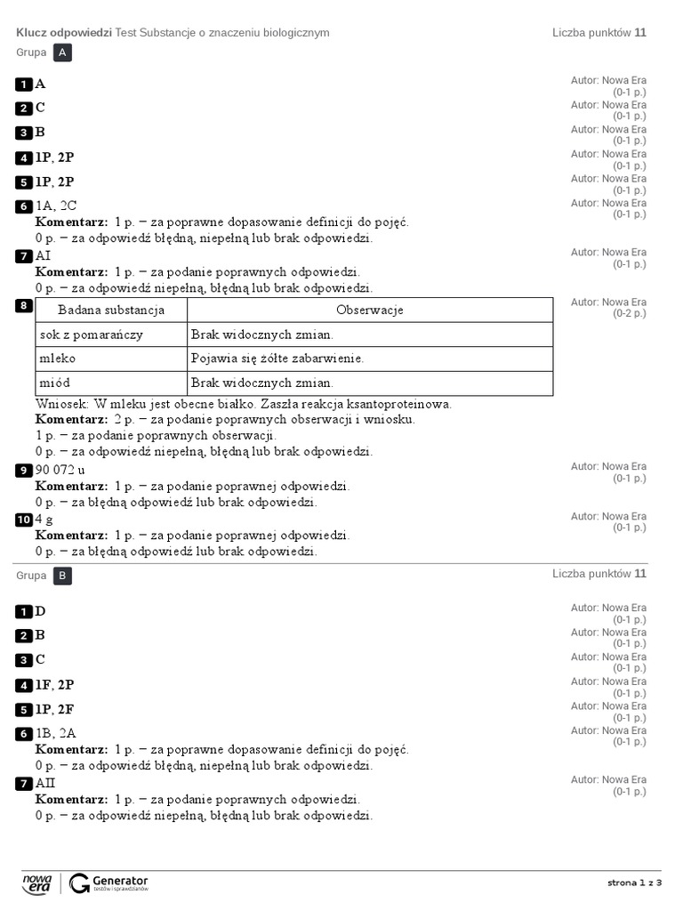 Substancje O Znaczeniu Biologicznym Sprawdzian Odpowiedzi