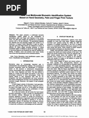 Low Cost Multimodal Biometric Identification System Based on Hand Geometry Palm and Finger Print Texture