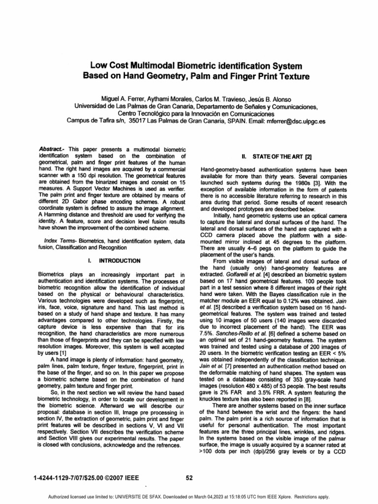 Low Cost Multimodal Biometric Identification System Based On Hand Geometry Palm and Finger Print