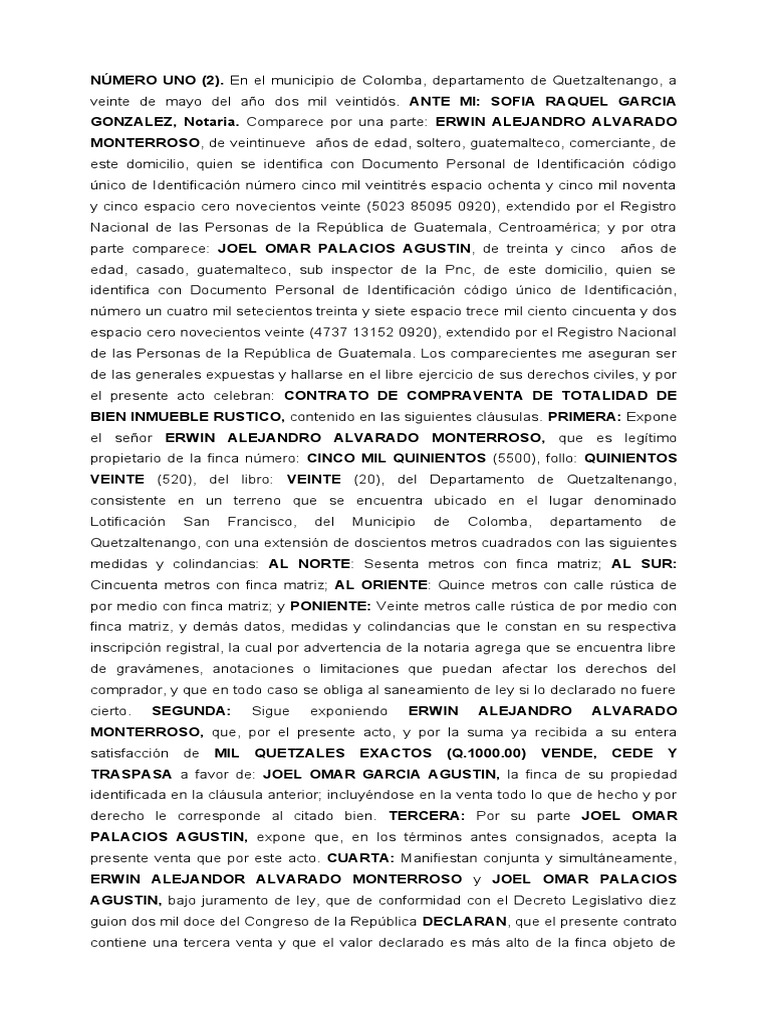 Contrato de Compraventa en Colomba | PDF | Guatemala | Justicia