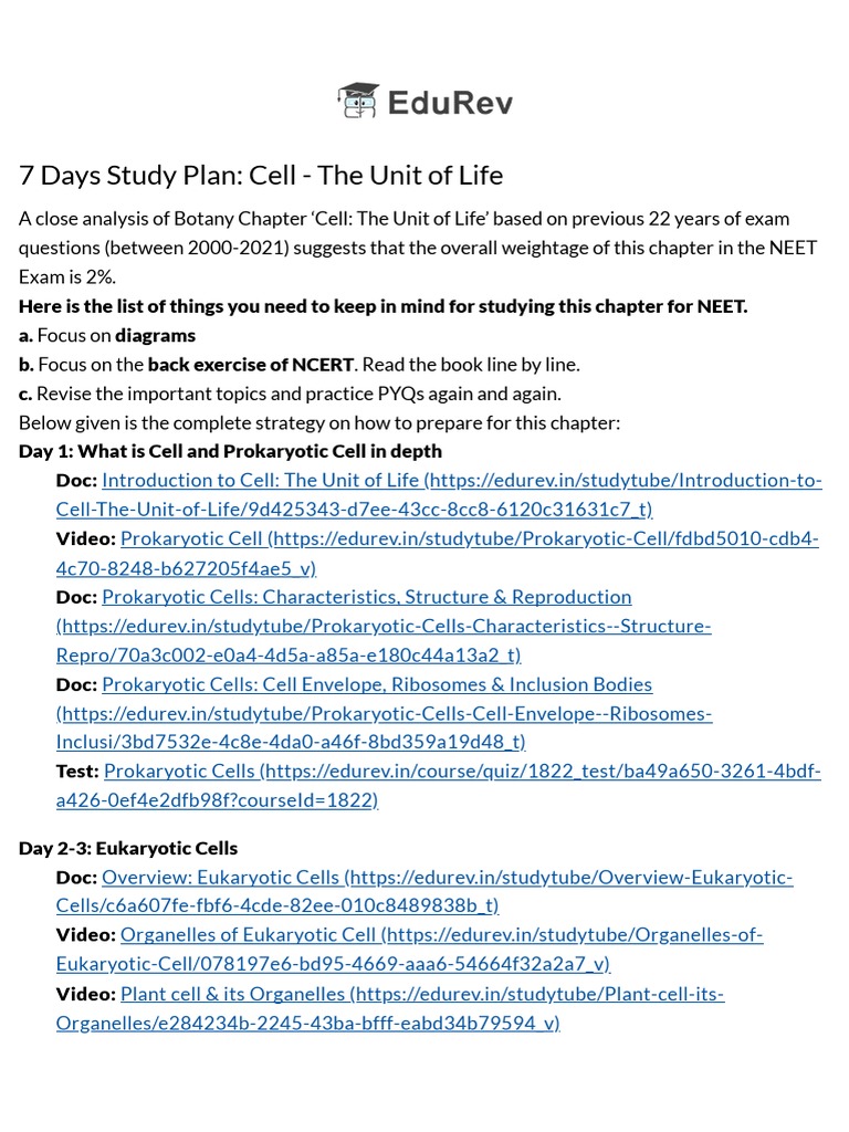 7 Days Study Plan - Cell - The Unit of Life - Biology Class 11 - NEET ...