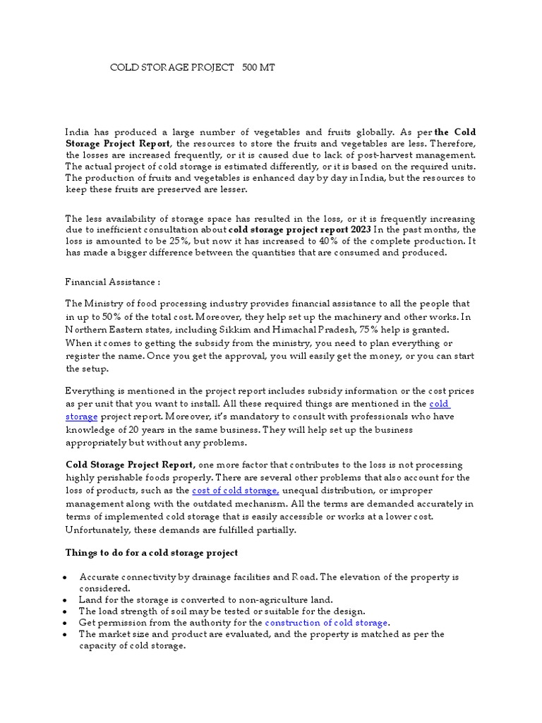 500 MT Cold Storage Project Overview | PDF | Refrigeration | Physical ...