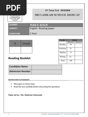 YEAR 4 - ENGLISH LANGUAGE - SECOND TERM TEST 2019-20 (1)