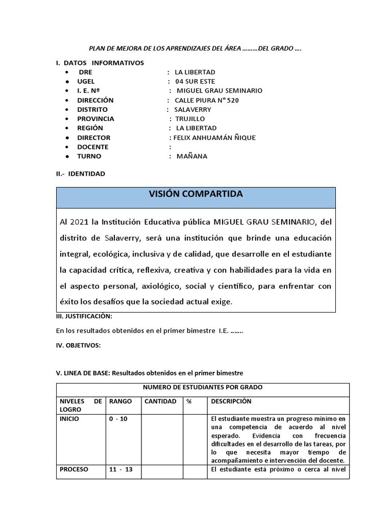 Plan de Mejora de Aprendizajes 2021 | PDF | Modificación de ...