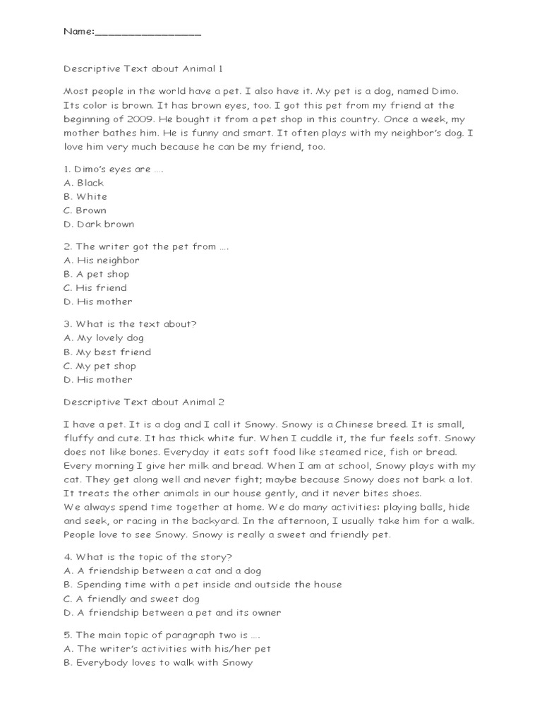 Descriptive text about animal 1 pdf animals and humans