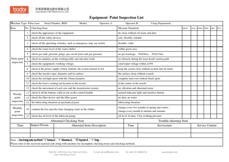 Fiber Laser Equipment Inspection Checklist | PDF | Switch | Dust