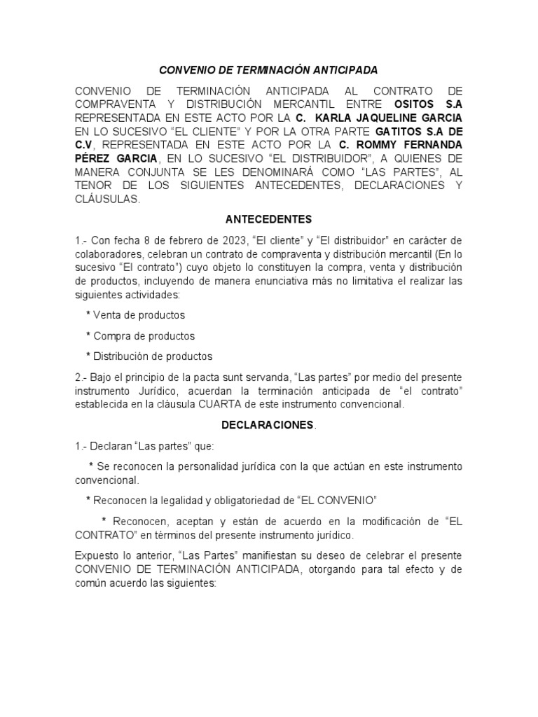 Convenio de Terminación Anticipada | PDF