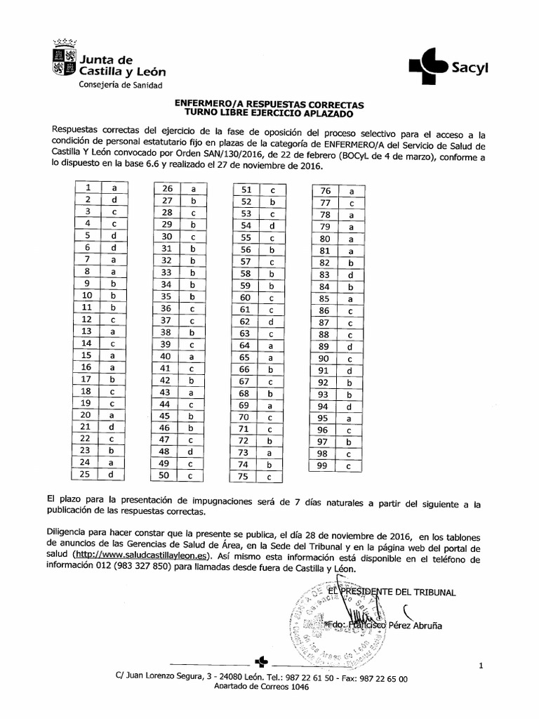 161128 OPE ENFERMERÍA SACYL PLANTILLA RESPUESTAS CORRECTAS EXAMEN APLAZADO PDF