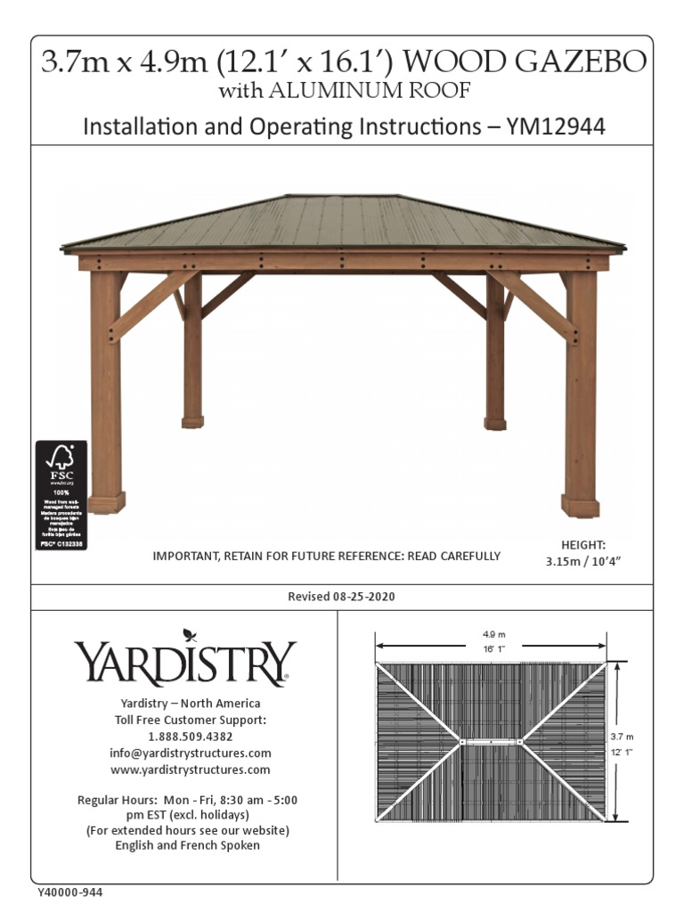 YM12944 12x16 Gazebo Instruction PDF