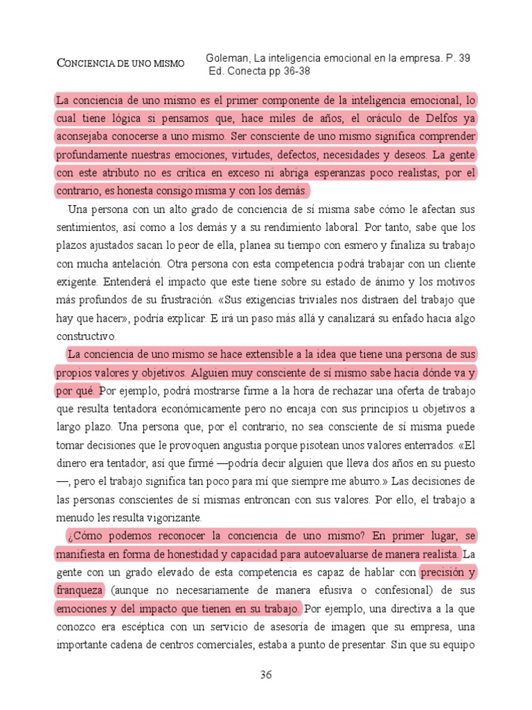 Conciencia de uno mismo en la inteligencia emocional | PDF