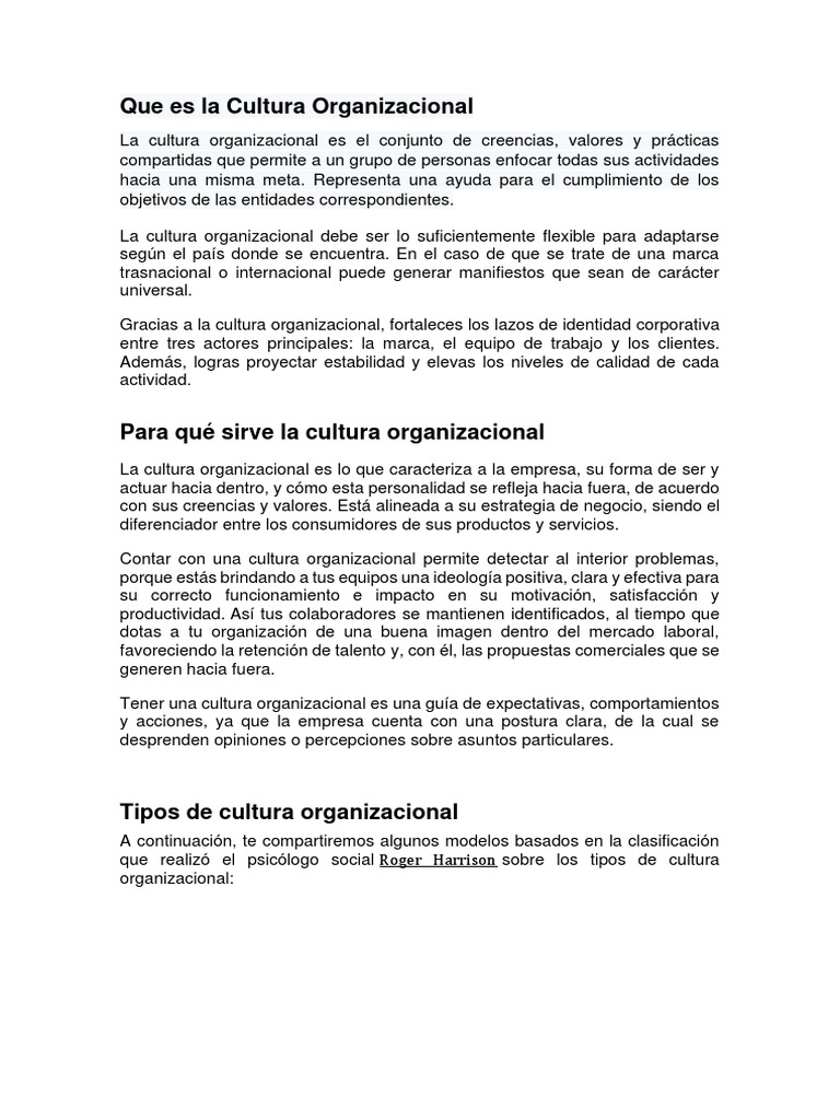 Tipos y beneficios de la cultura organizacional | PDF
