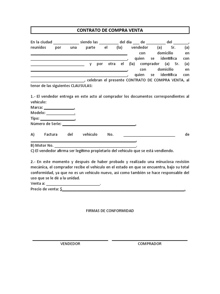 Contrato de Compra Venta de Vehículo | PDF | Derecho | Finanzas y dinero