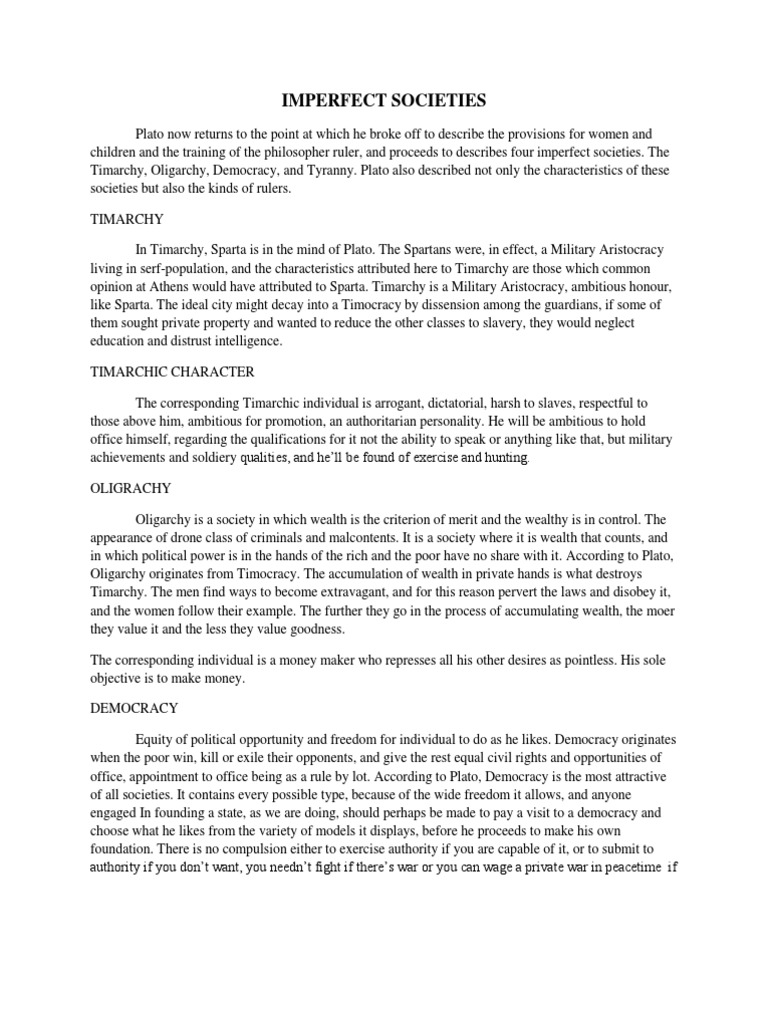 Plato's Four Imperfect Societies Explained | PDF | Tyrant | Sparta