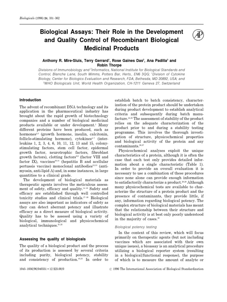 Biological Assays Their Role in the Development and Quality Control of