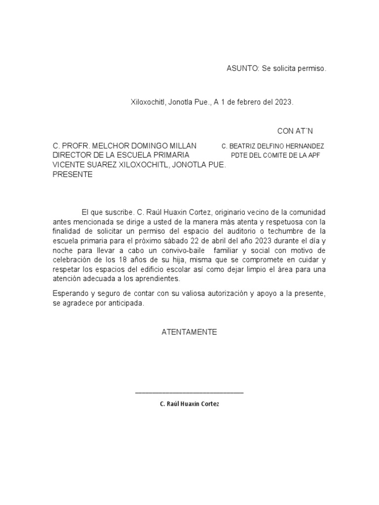 Solicitud de permiso para 18 a os pdf