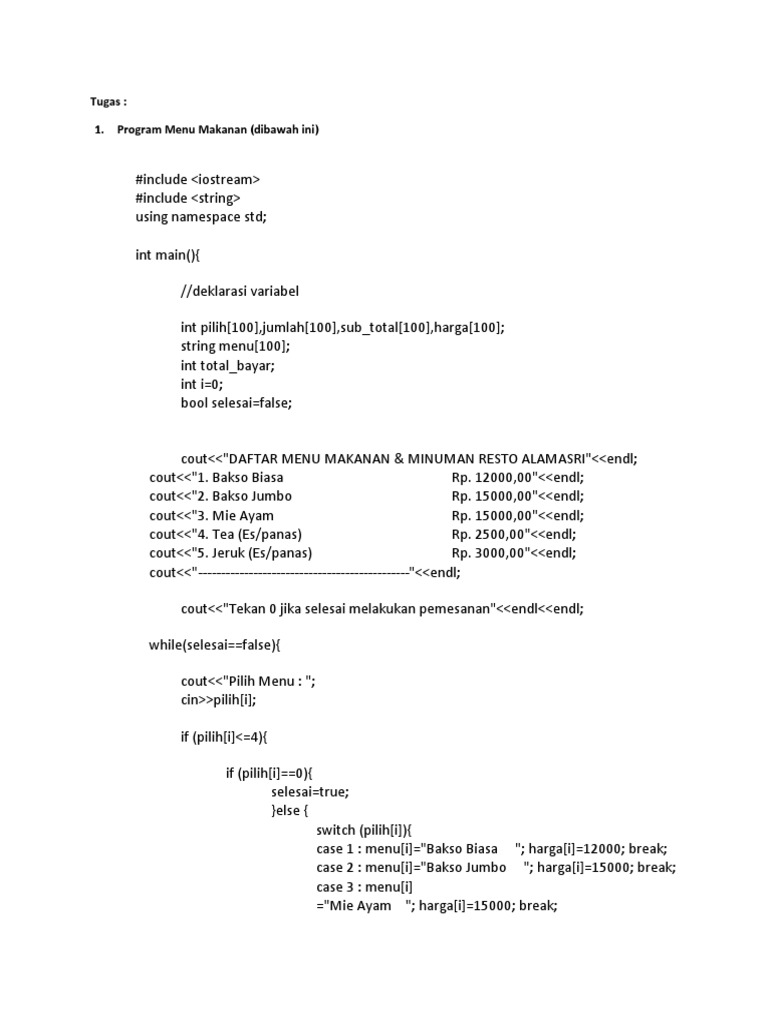 Program Pemesanan Makanan C++ | PDF