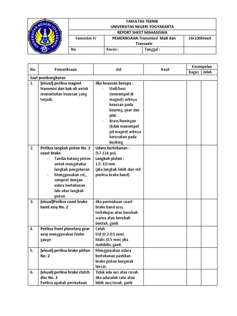 Report sheet automatic transaxle assy PDF