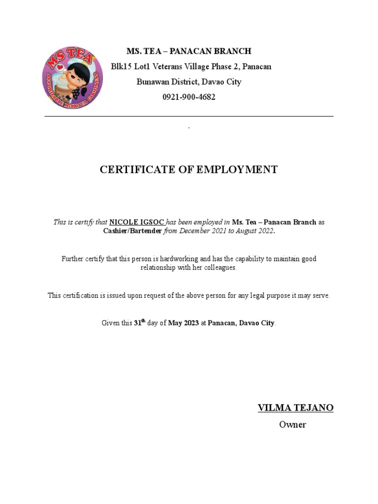 Certificate of Employment Ms. Tea PDF