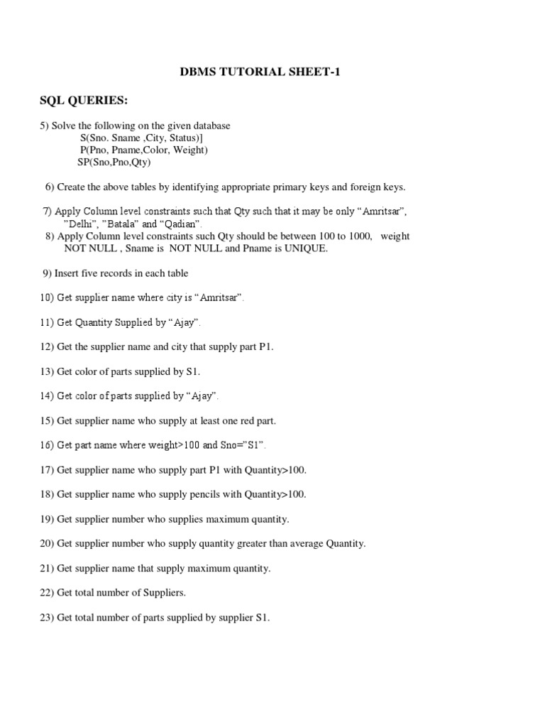 Dbms Tutorial Sheet 1 Pdf