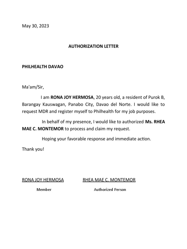 Authorization Letter PhilHealth Davao | PDF