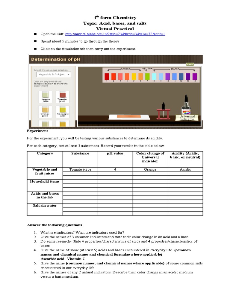 Acids, Bases and Indicators Virtual Practial Activity PDF