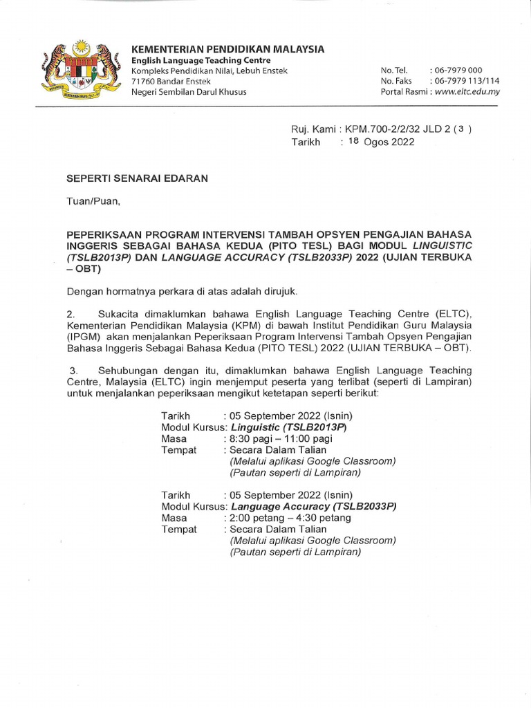 Surat Panggilan Peperiksaan Secara Obt - Update19!8!22 | PDF