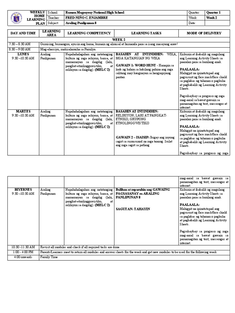 Weekly home learning plan araling panlipunan 8 week 2 module 2 pdf