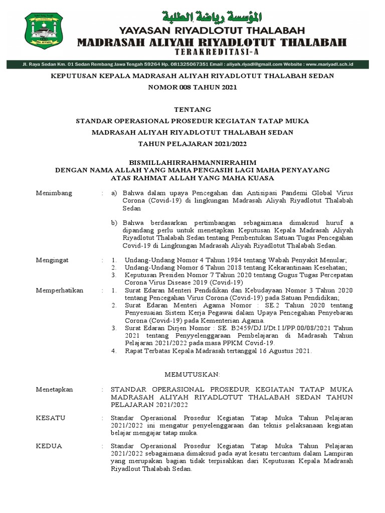 SOP Kegiatan Tatap Muka MA 2021/2022 | PDF