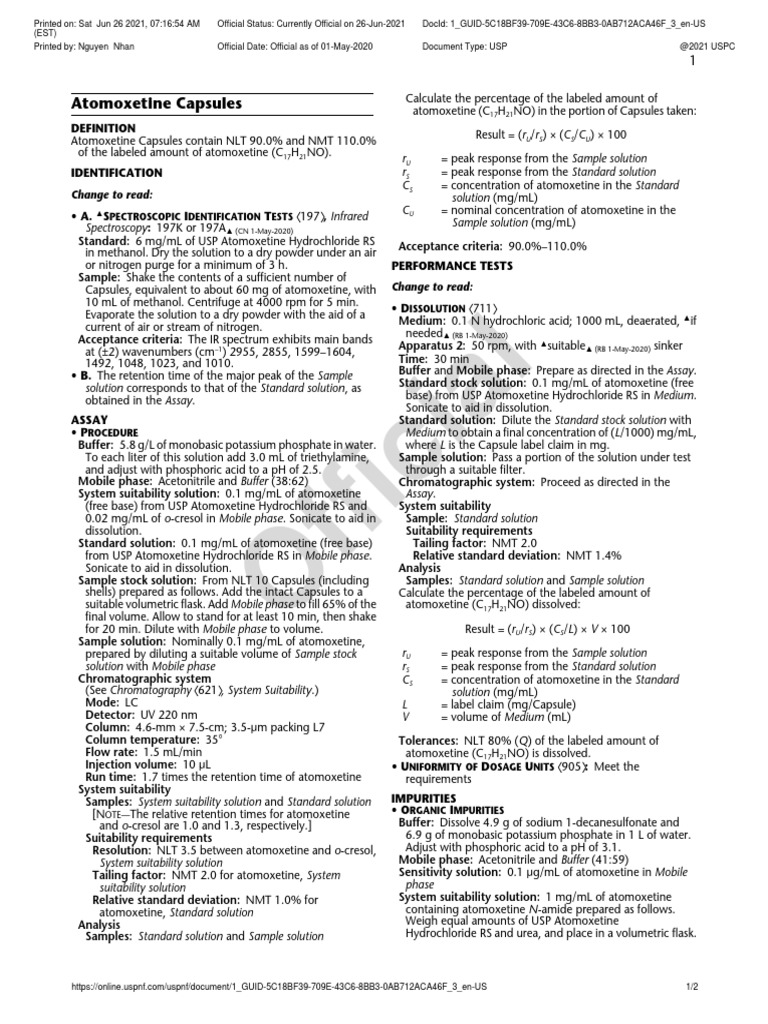 Atomoxetine Capsules PDF Chromatography Chemical Substances