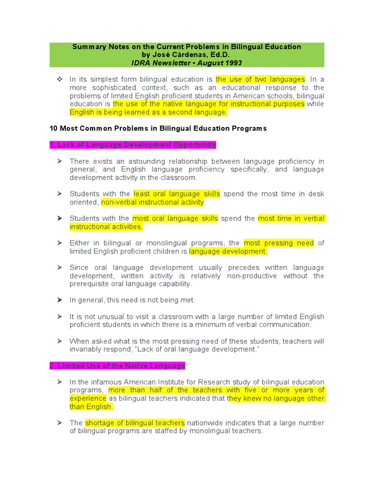 Summary Notes On The Current Problems in Bilingual Education | PDF ...