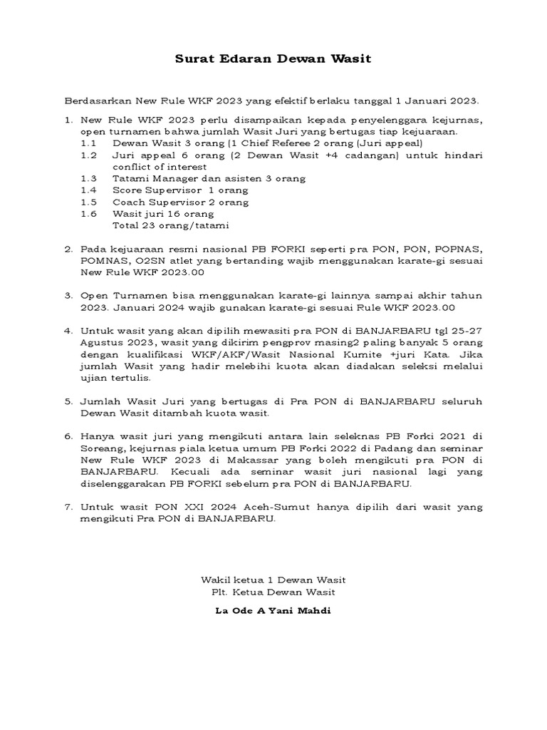 Surat Edaran Dewan Wasit New Rules WKF 2023 PDF