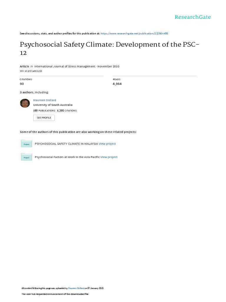 PSC-12: Measuring Psychosocial Safety | PDF | Occupational Stress ...