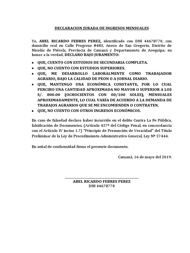 Declaracion Jurada Ingresos Mensuales | PDF